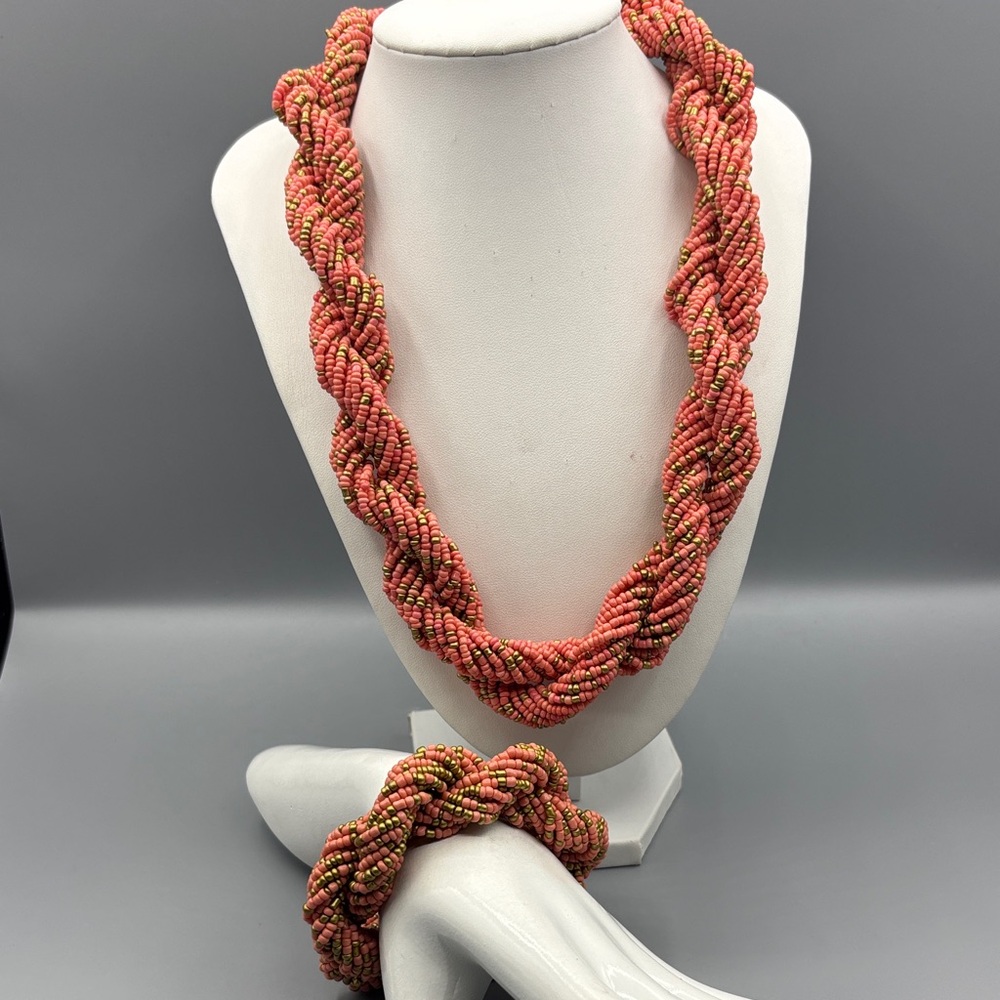 Coral and Gold Seed Bead Torsade Necklace and Bracelet Set JP399